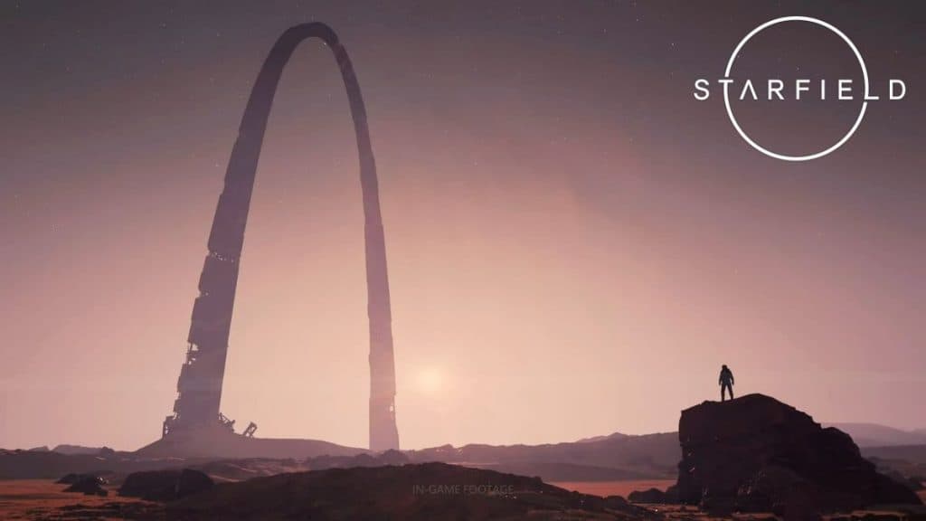 starfield player observing the gateway arch on earth