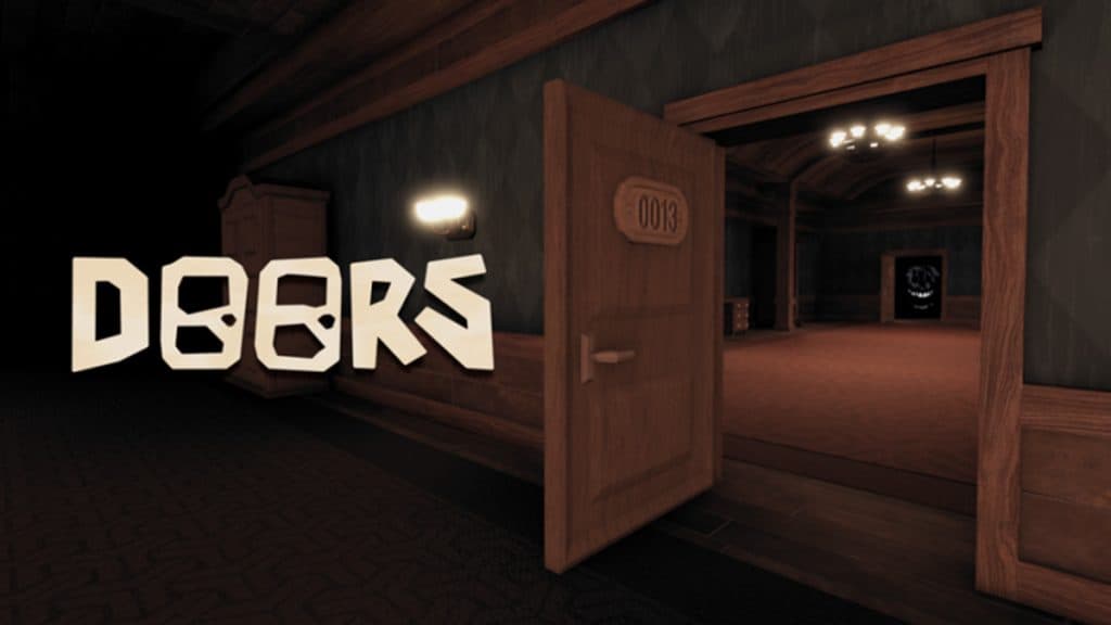 Roblox DOORS thumbnail with the game's logo to the right and an ajar door to the left.