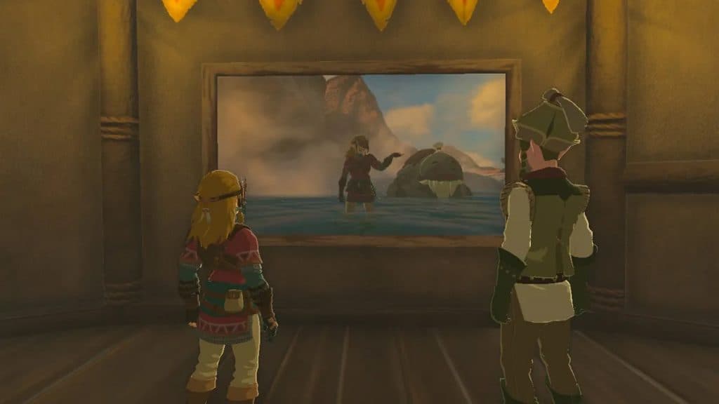 Link in Zelda Tears of the Kingdom watching the Woodland Stable board.