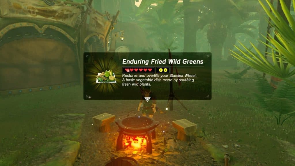Link standing infront of a cooking pot in Korok Forest, Hyrule, in Zelda Breath of the Wild