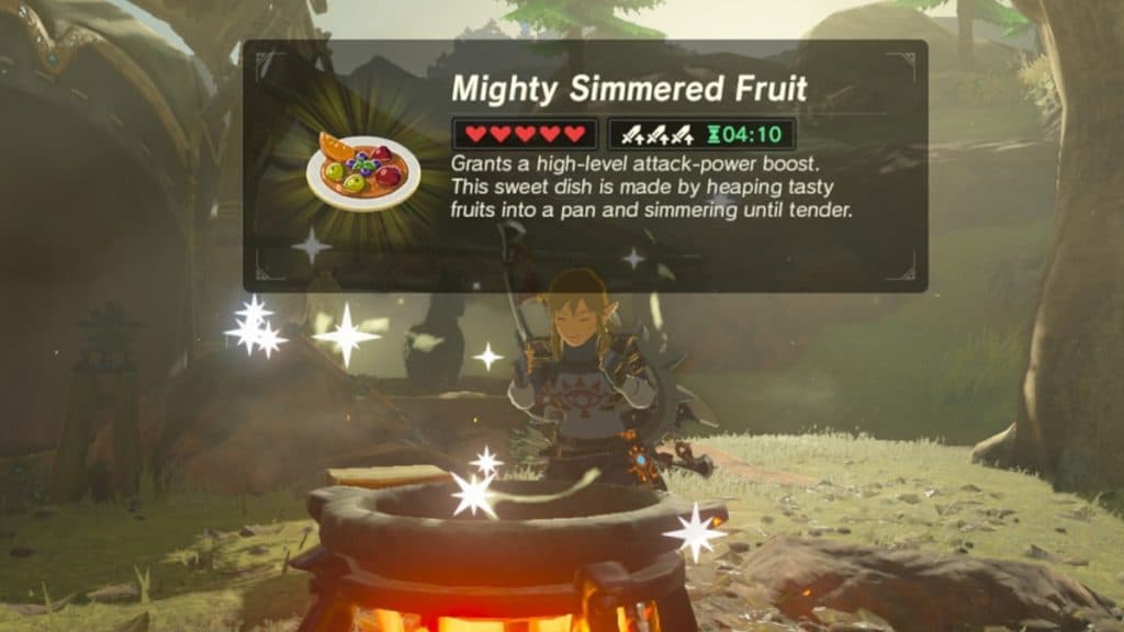 Link standing infront of a cooking pot, cooking fruit in Zelda Breath of the Wild