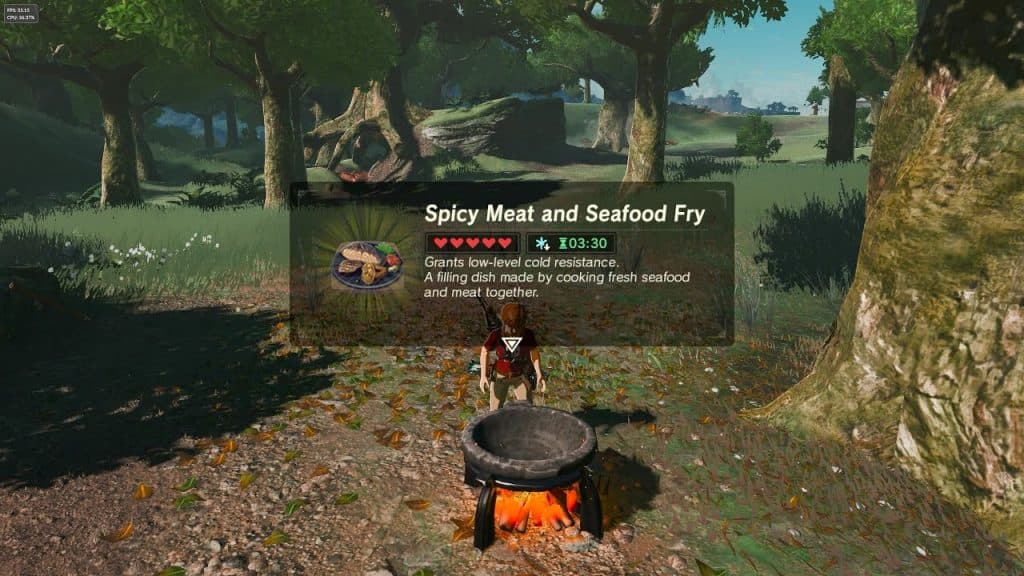 Link cooking on a cooking pot in Zelda Breath of the Wild