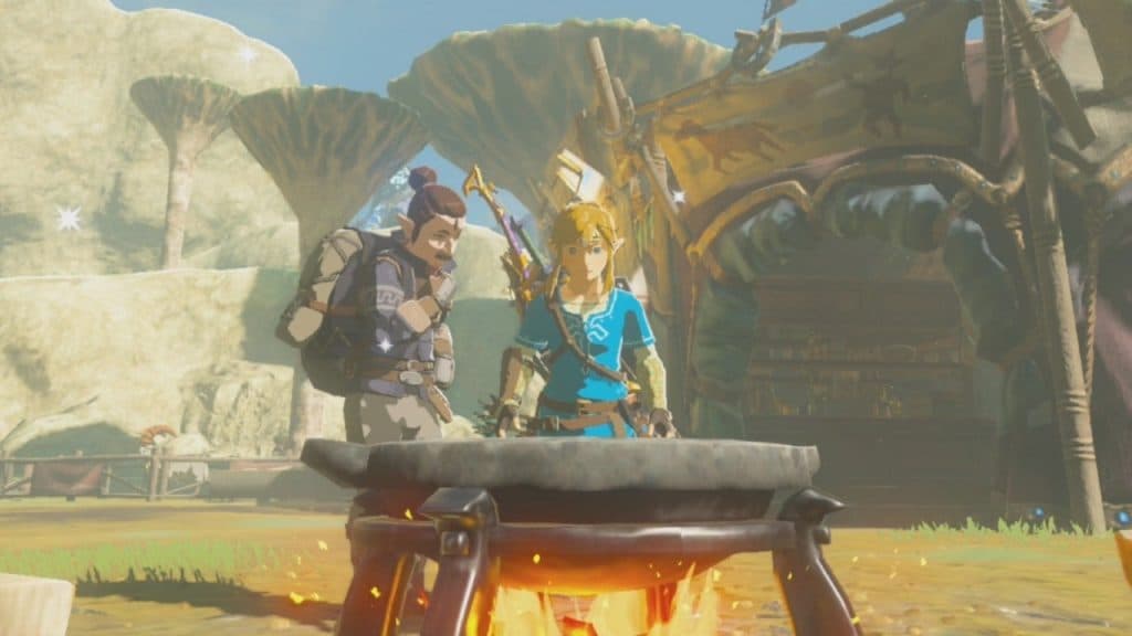 Link standing infront of a cooking pot in Zelda Breath of the Wild
