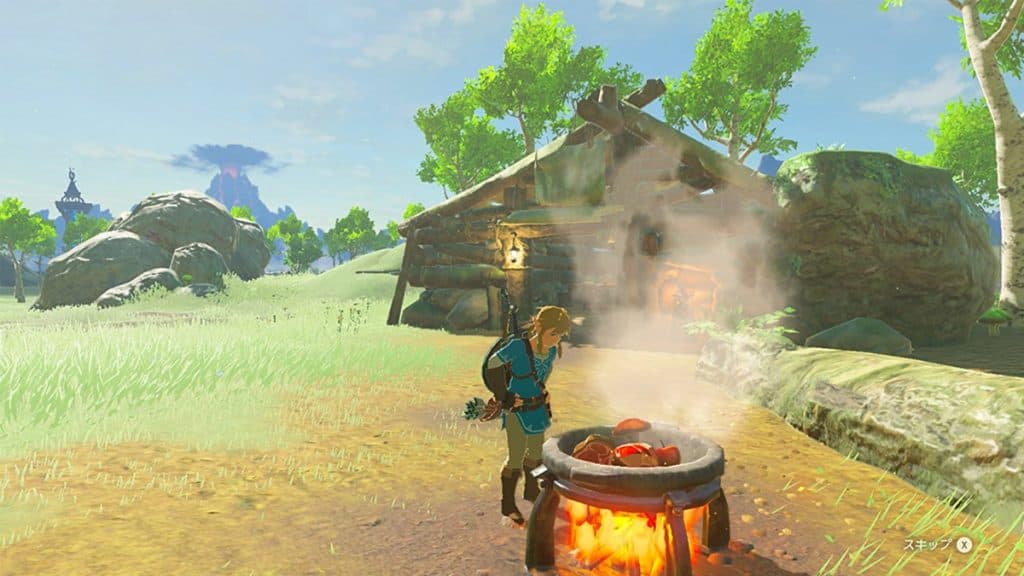 Link staring at a cooking pot in Zelda Breath of the Wild