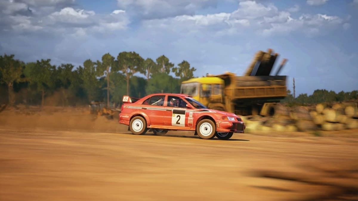 Mitsubishi Lancer Evo racing in dirt track in EA Sports WRC