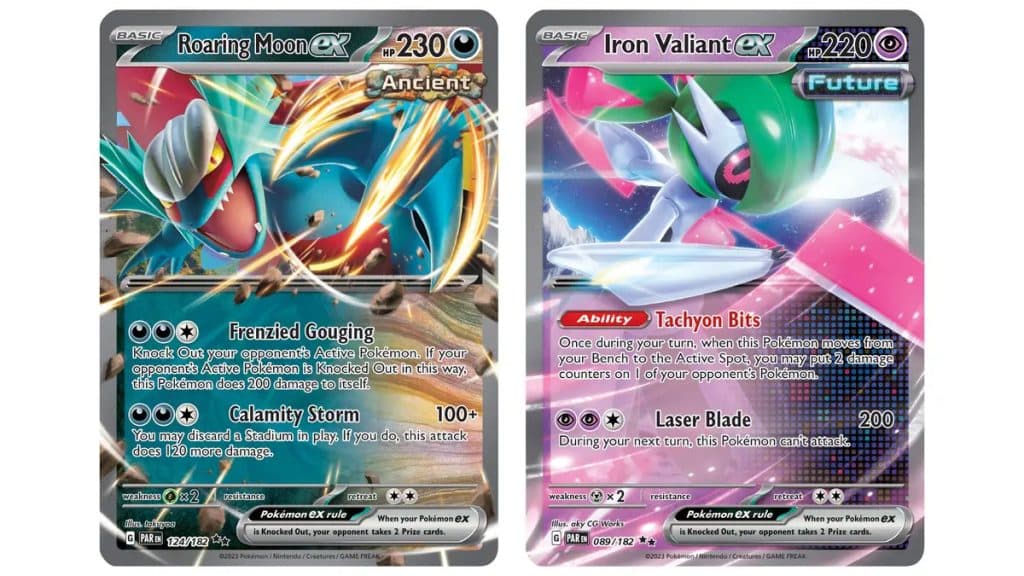 Roaring Moon and Iron Valiant EX from the Paradox Rift expansion of Pokemon Scarlet and Violet TCG