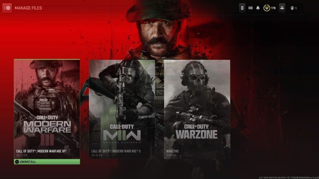 Modern Warfare 3 manage files screen in Call of Duty HQ app.