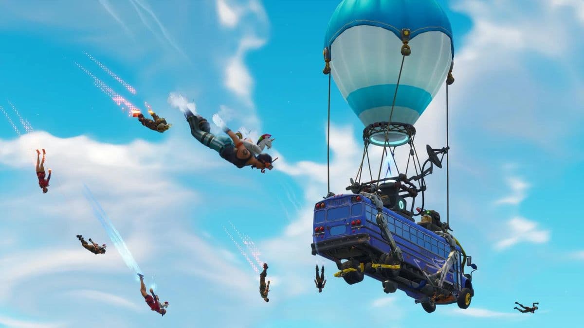 fortnite players jumping out of the battle bus