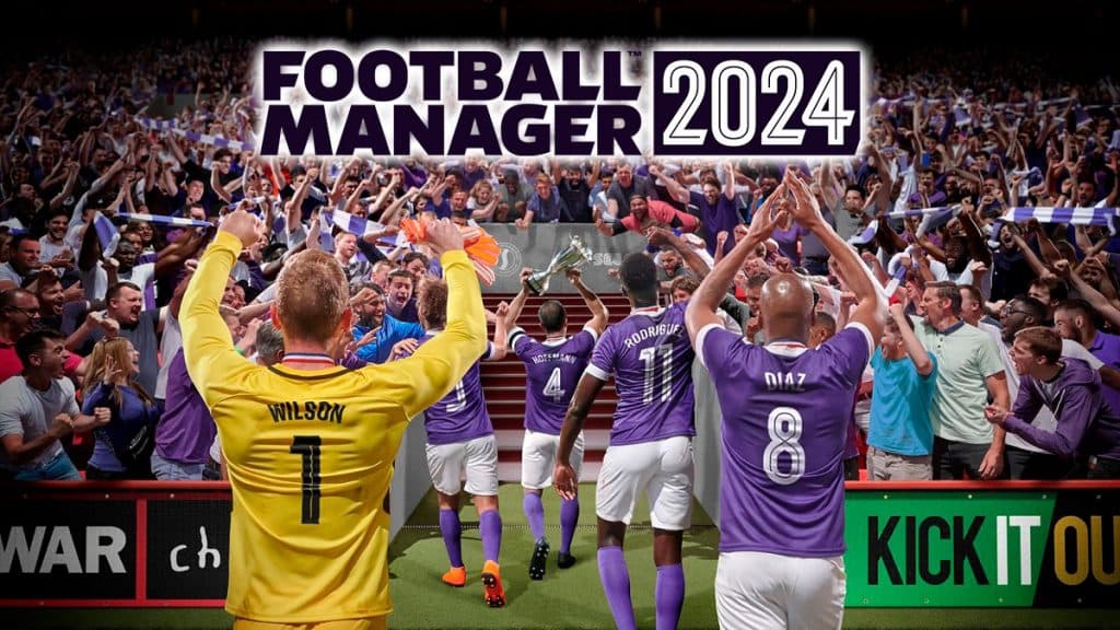 Football Manager 2024 players celebrating championship