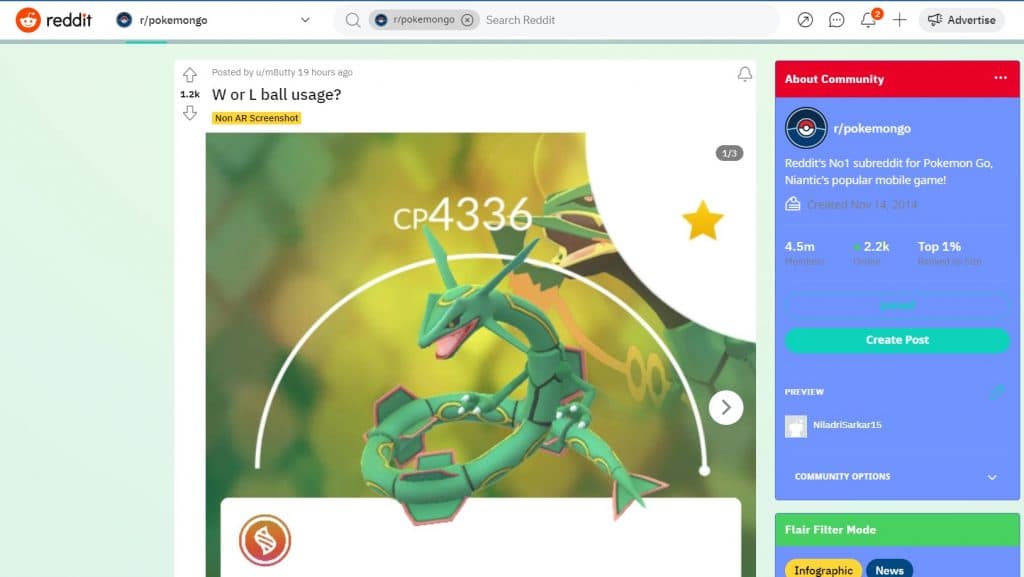 Screengrab of the Reddit post by user m8utty that shows their hundo Rayquaza in Pokemon Go