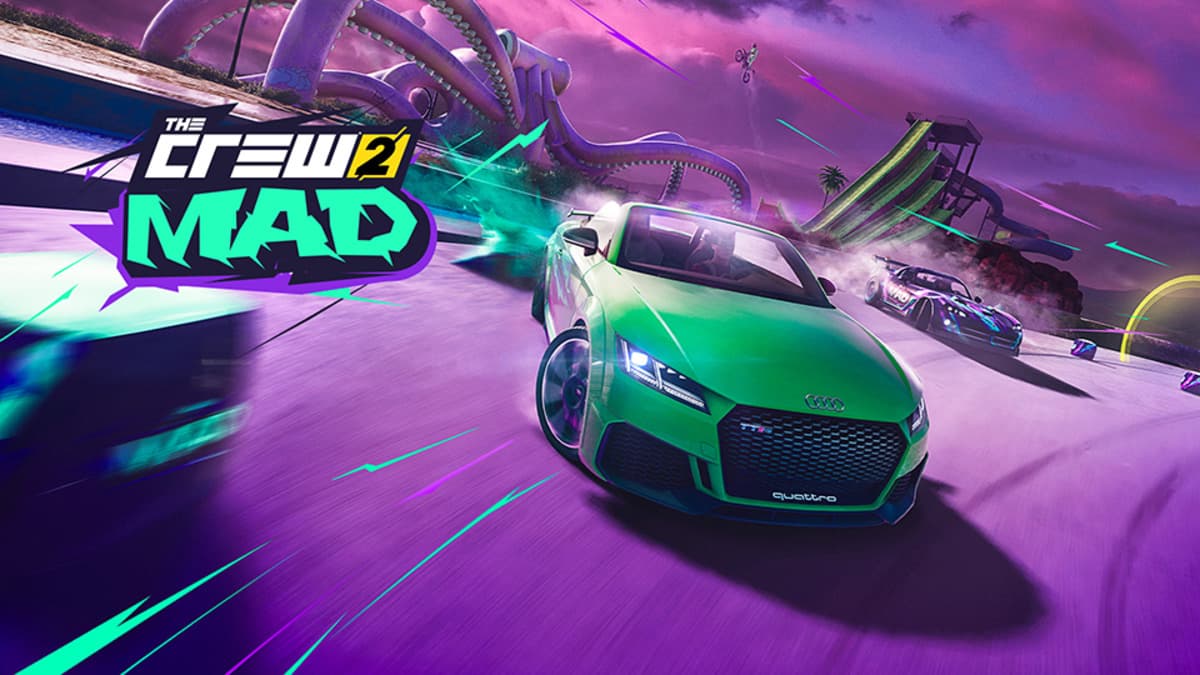 Car taking a turn in The Crew 2 with MAD update logo and purple tint