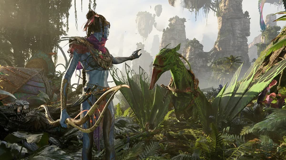 Avatar: Frontiers of Pandora characters petting a dinosaur