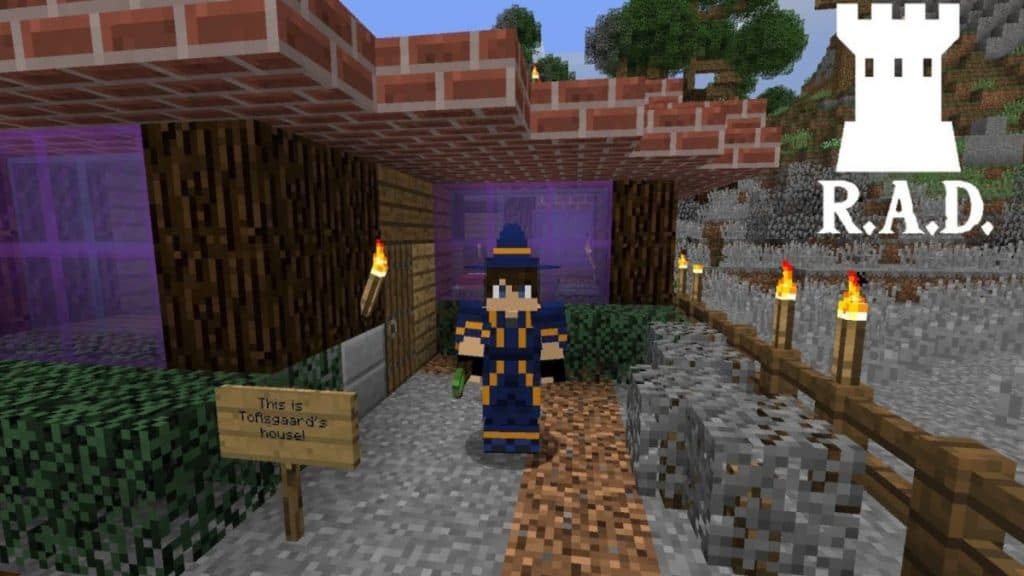 Player outside their house in Minecraft.