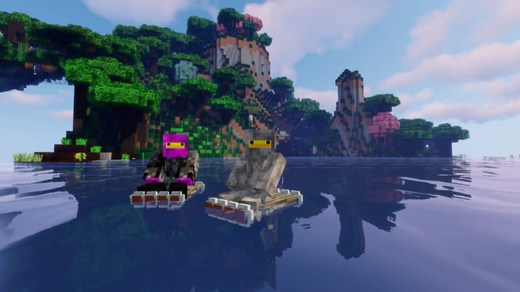 Two players on a raft in one of Sevtech's Ages.