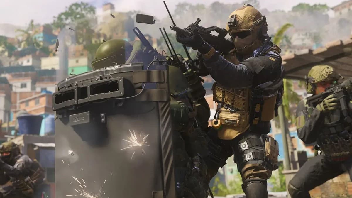 Modern Warfare 3 operators shooting behind a Riot Shield