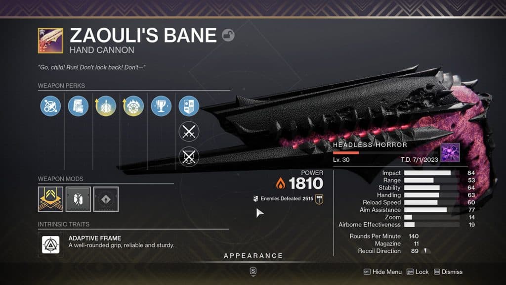 Zaouli's Bane Hand Cannon Destiny 2