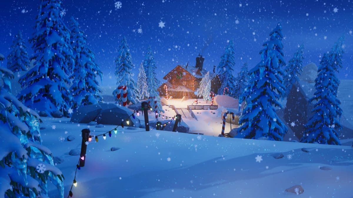 Fortnite Christmas house surrounded by snow in Winterfest
