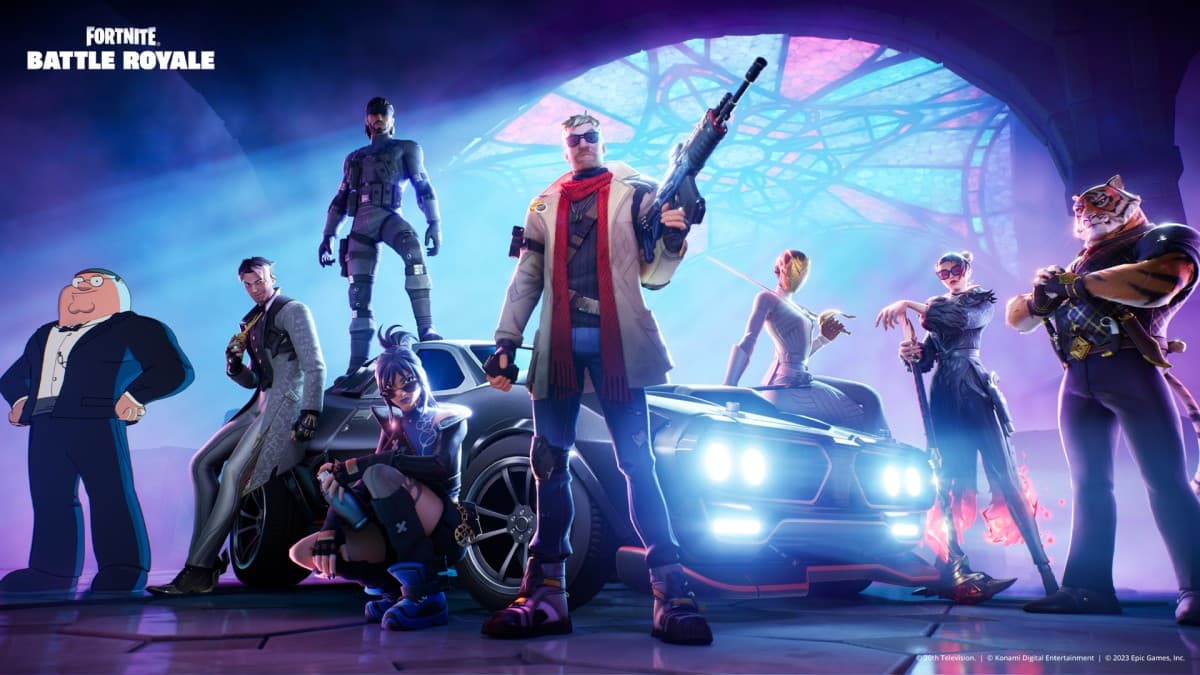 Fortnite Chapter 5 Season 1 character skins gathered around a car