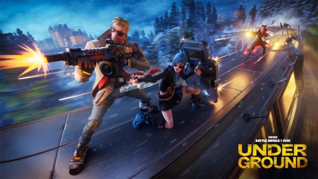 Fortnite Chapter 5 Season 1 release poster with characters riding on top of a train and shooting