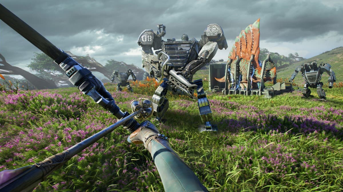 Na'vi firing a bow against a mech in Avatar: Frontiers of Pandora