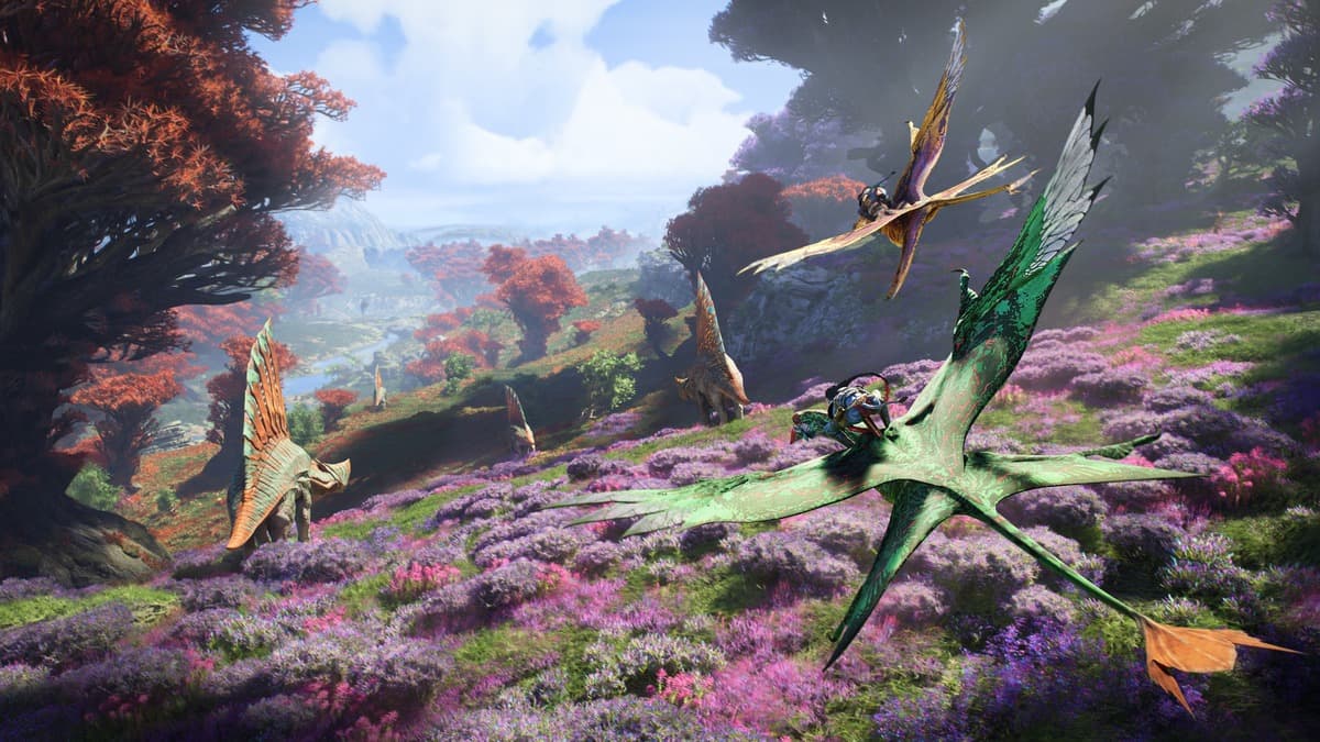 Na'vi flying banshee atop of purple field in Avatar Fortiers of Pandora
