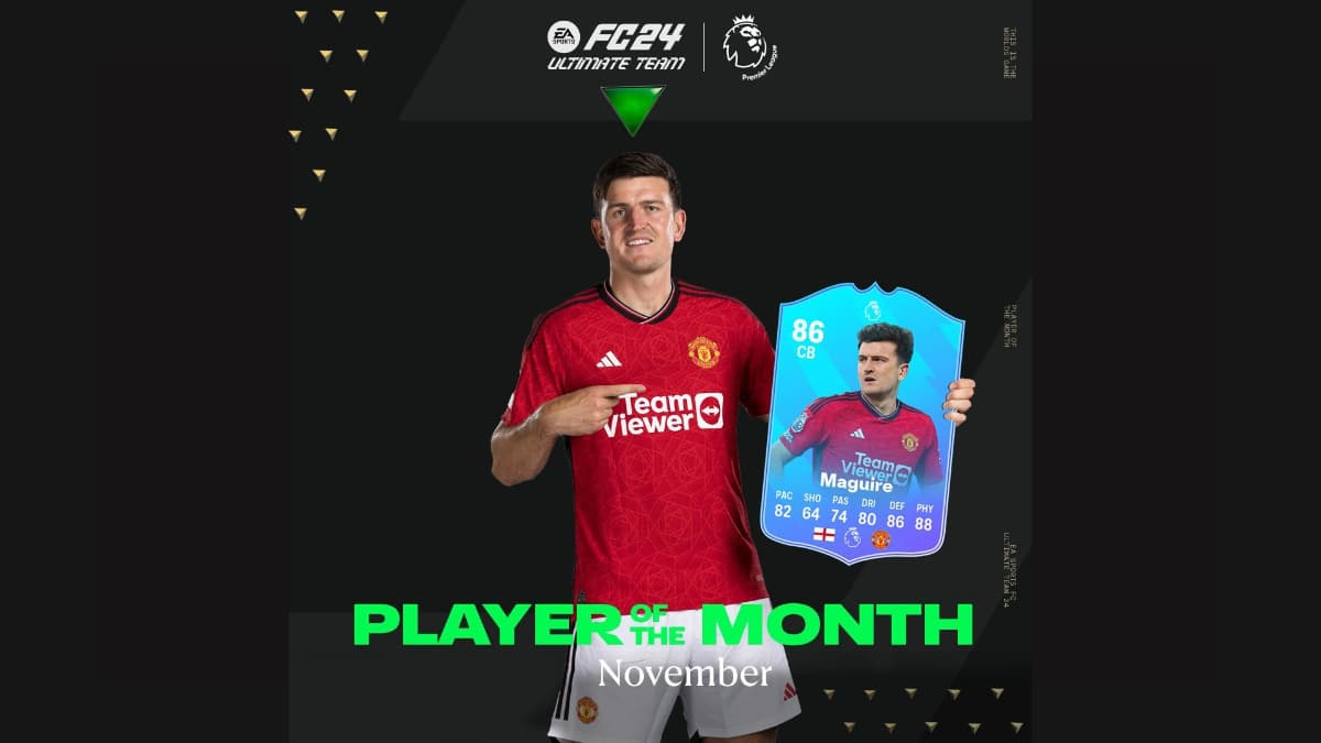 Harry Maguire holding his EA FC 24 POTM card