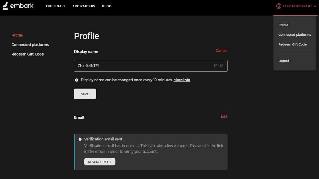 Profile option on Embark website to change display name in The Finals