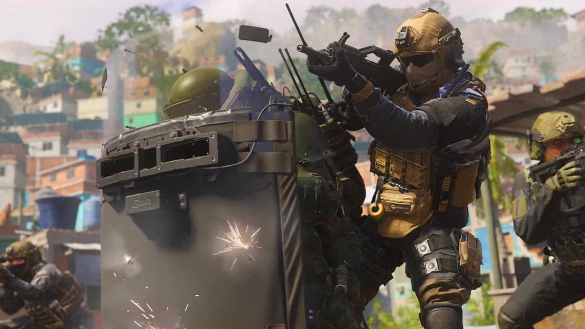MW3 Operators pointing guns and taking cover behind a Riot Shield