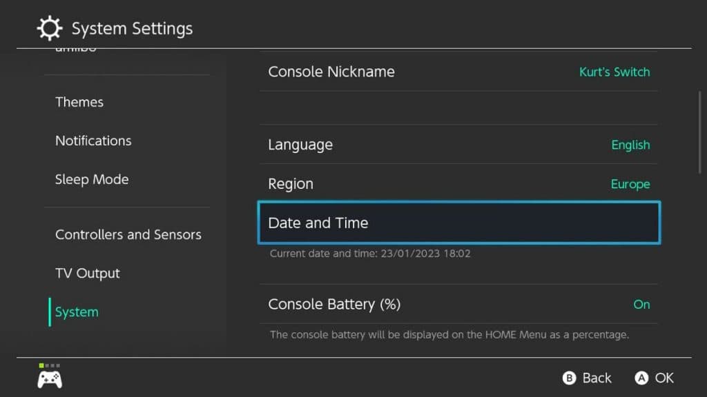 Nintendo Switch settings date and time.