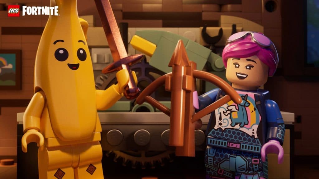 Characters in front of a crafting bench in LEGO Fortnite