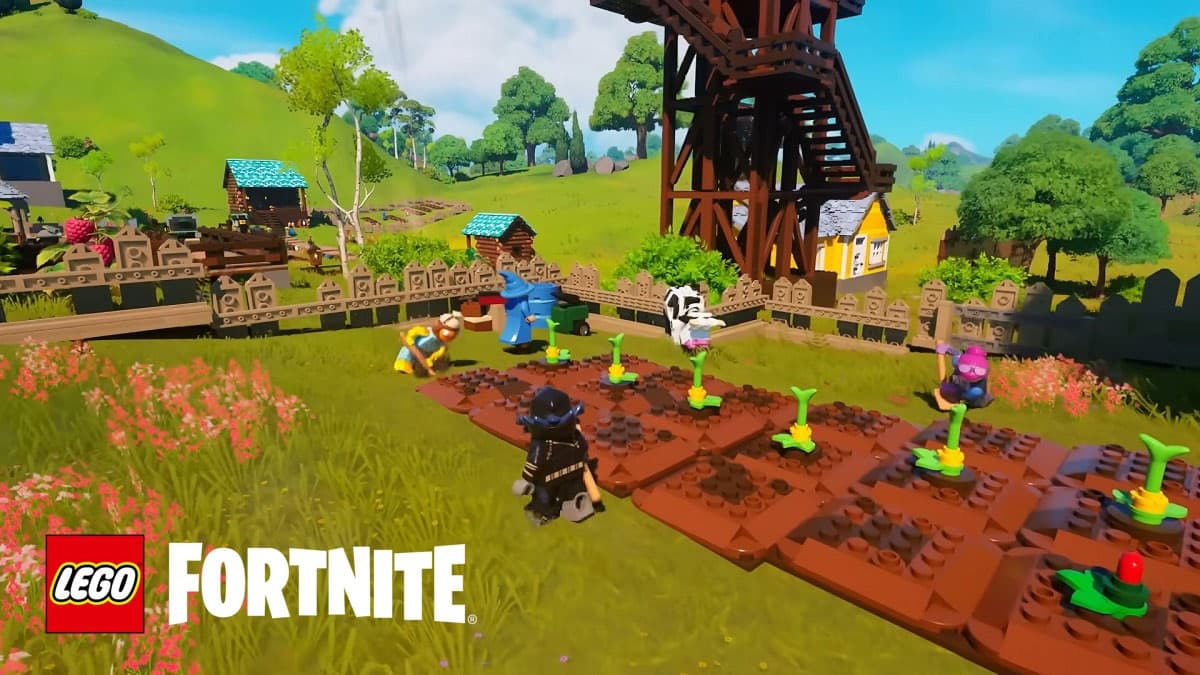 Villagers working on a garden in LEGO Fortnite