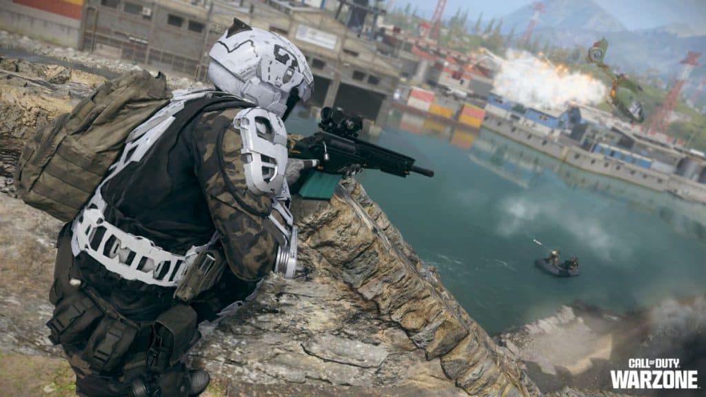 Warzone player aiming gun over water
