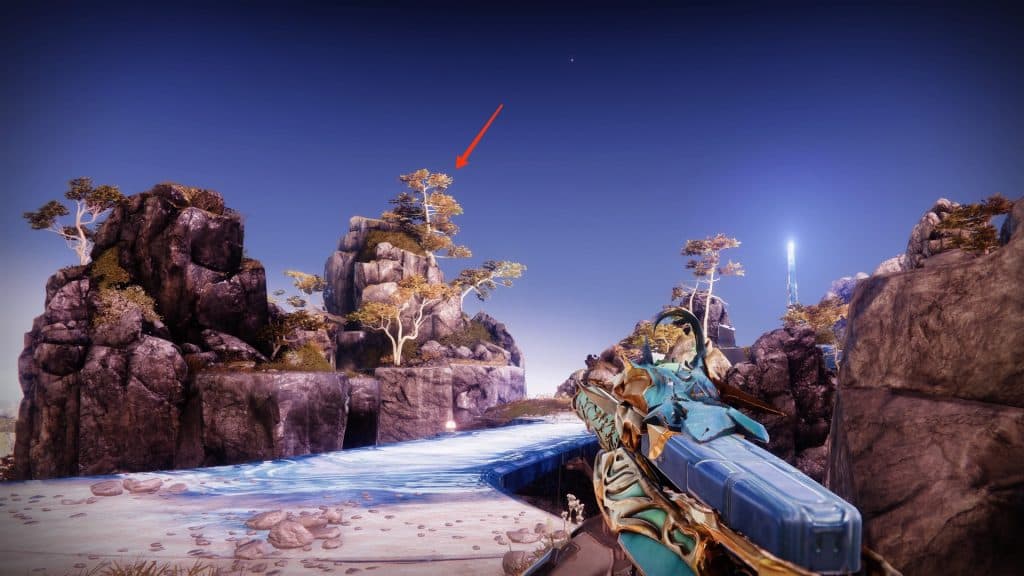 Mountains in Destiny 2, one marked red to point where to find Catalyst of Wish-Keeper