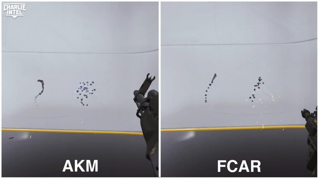 AKM and FCAR's ADS and hipfire spray pattern in The Finals.