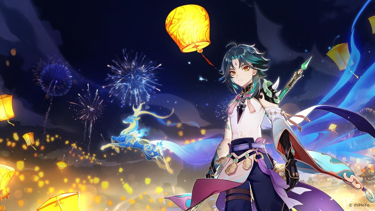 Xiao standing tall with lanterns behind him in Genshin Impact