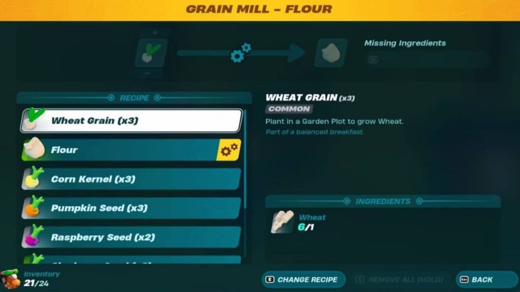 LEGO Fortnite Grain Mill menu
