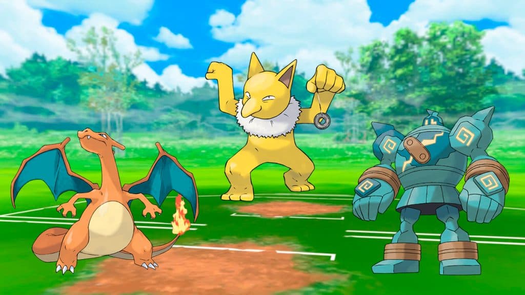 Charizard, Hypno, and Golurk in a Pokemon Go battle arena