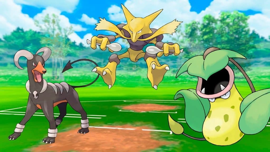 Houndoom, Alakazam, and Victreebel in a Pokemon Go battle arena