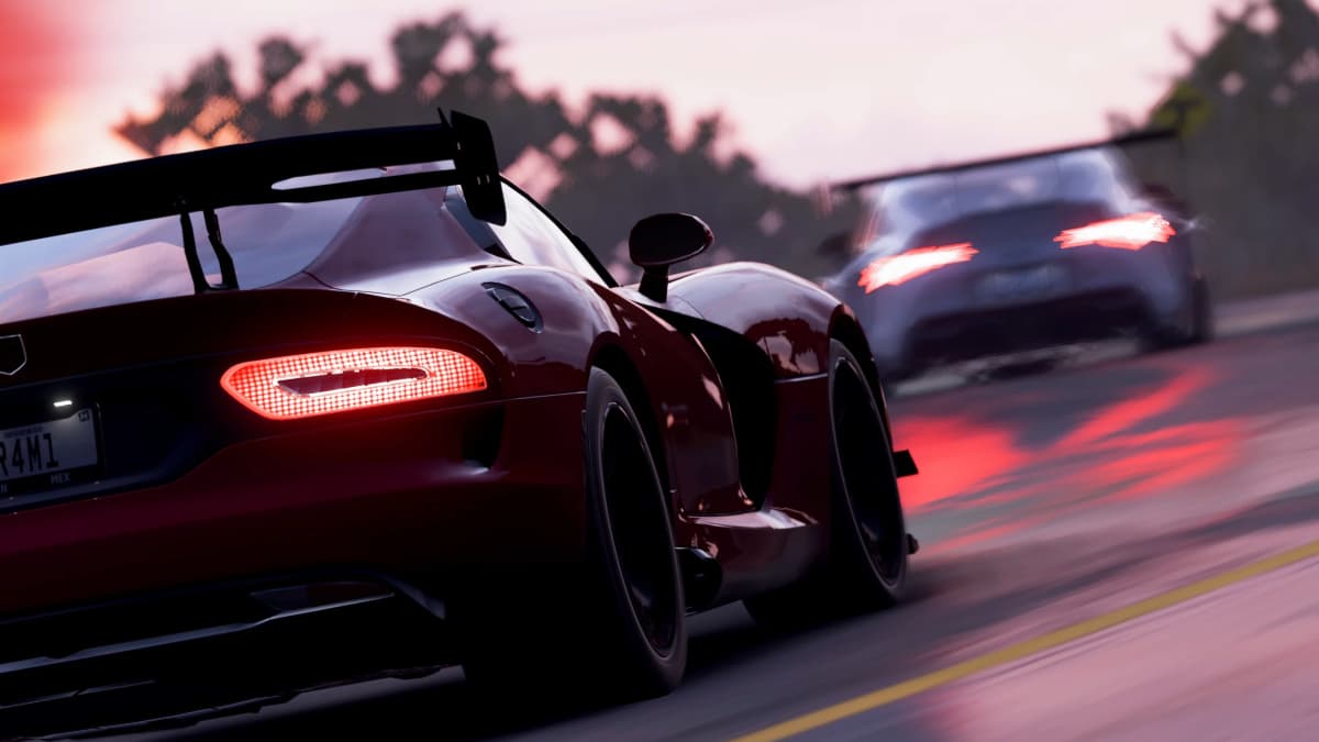 A Dodge racing in Forza Horizon 5