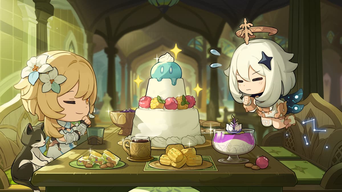 Paimon and Lumine with cake in Genshin Impact