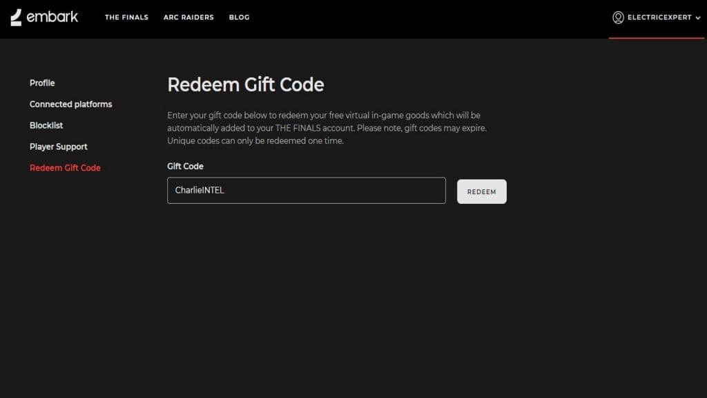 Embark profile section to redeem gift codes for The Finals