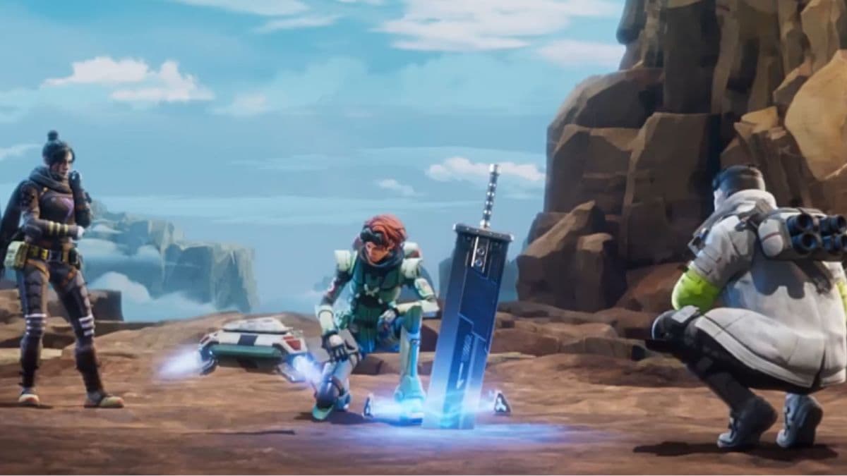 apex legends characters horizon, wraith, and crypto around the ff7 rebirth buster sword