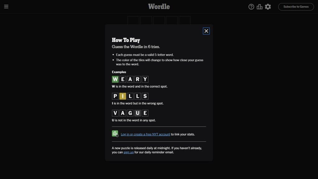 Screengrab of 'How to play Wordle' pop-up