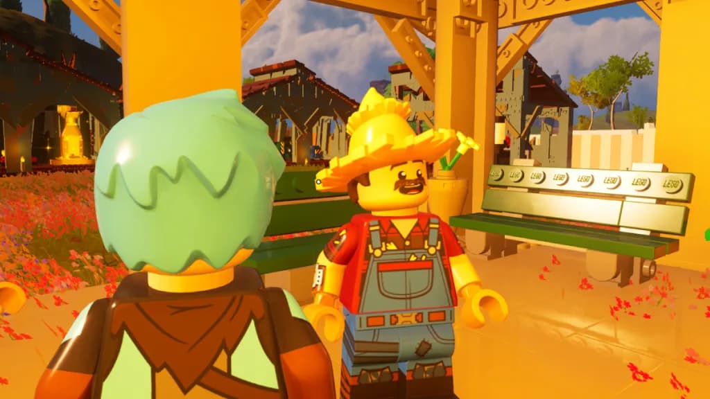 An in-game screenshot of Hayseed in LEGO Fortnite.