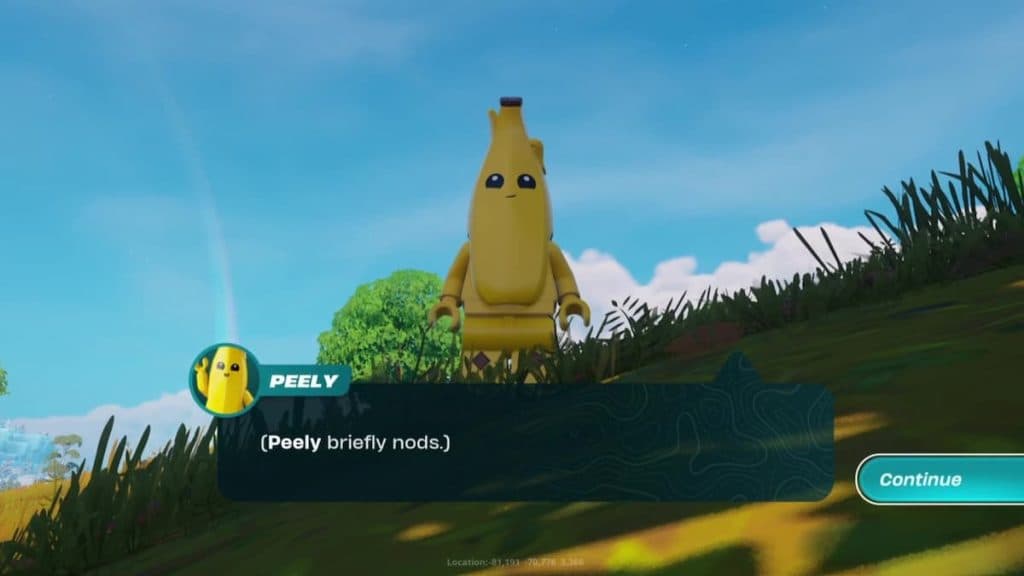An in-game screenshot of Peely in LEGO Fortnite.