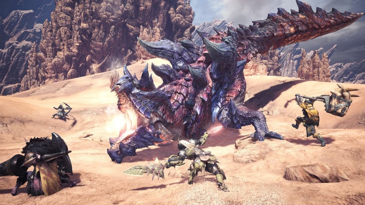 Monster Hunter: World party combat against a Wyvern