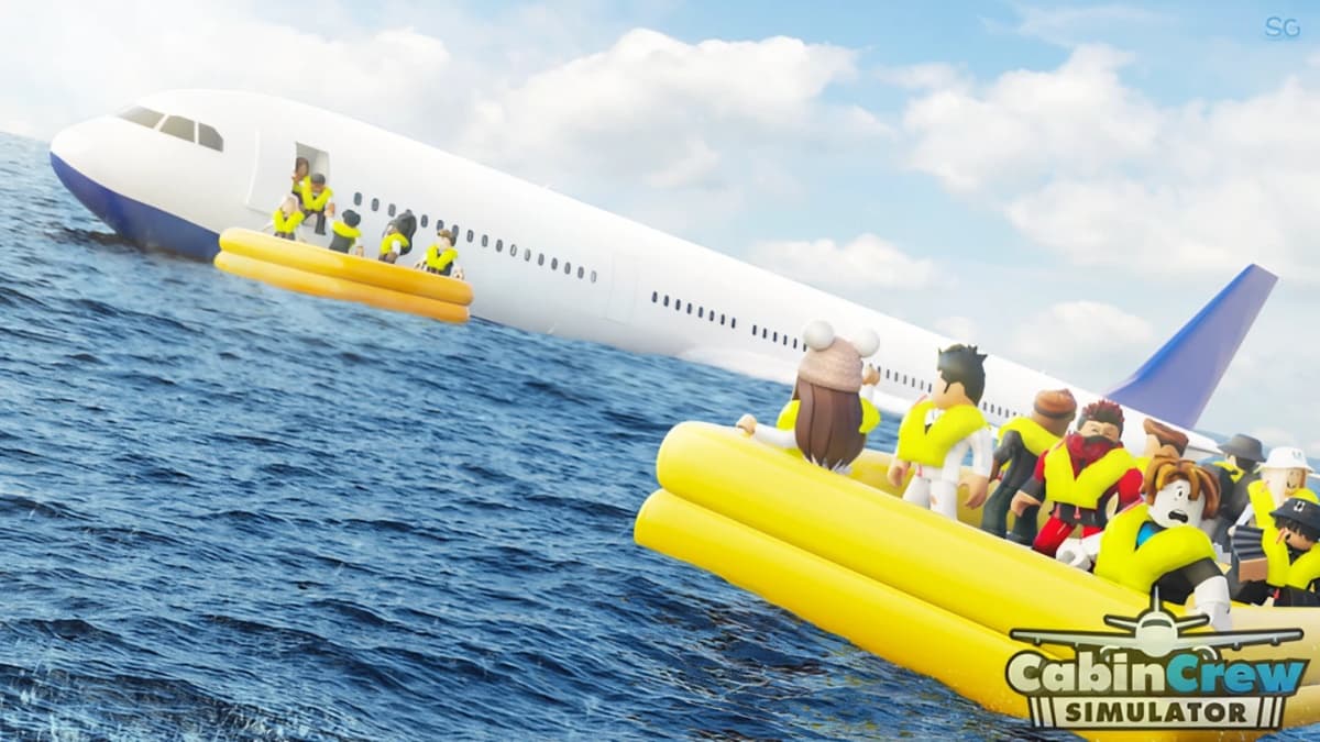 People on dinghies in Roblox Cabin Crew Simulator.