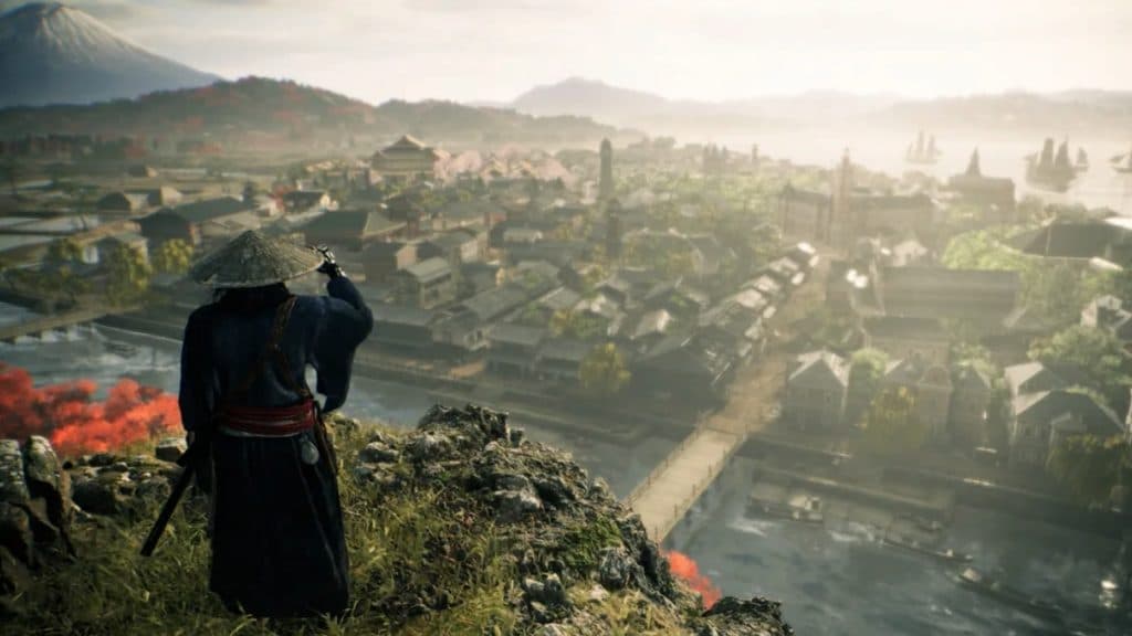 Character overlooking a town in Rise of the Ronin