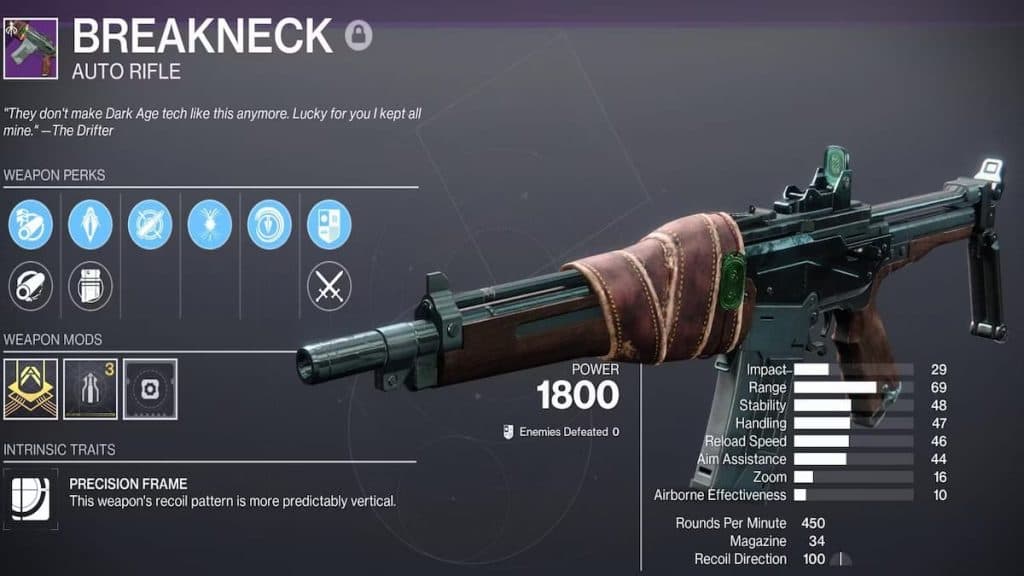 An in-game screenshot of the Breakneck auto rifle perk selection page.