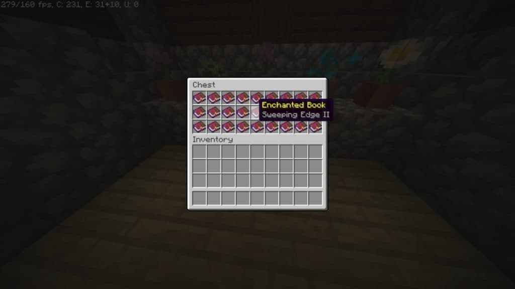 A chest full of enchanted Sweeping Edge book in Minecraft.